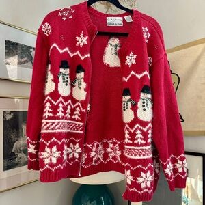 Vintage Red Snowmen Christmas Cardigan - Size L